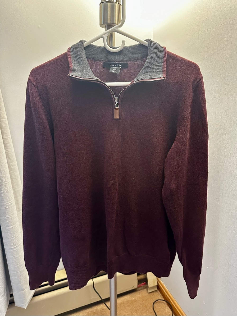 Men's Half-Zip Pullover Sweater in Burgundy with Gray Collar